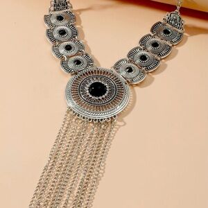 Boho Tribal Silver & Black Tassel Statement Necklace